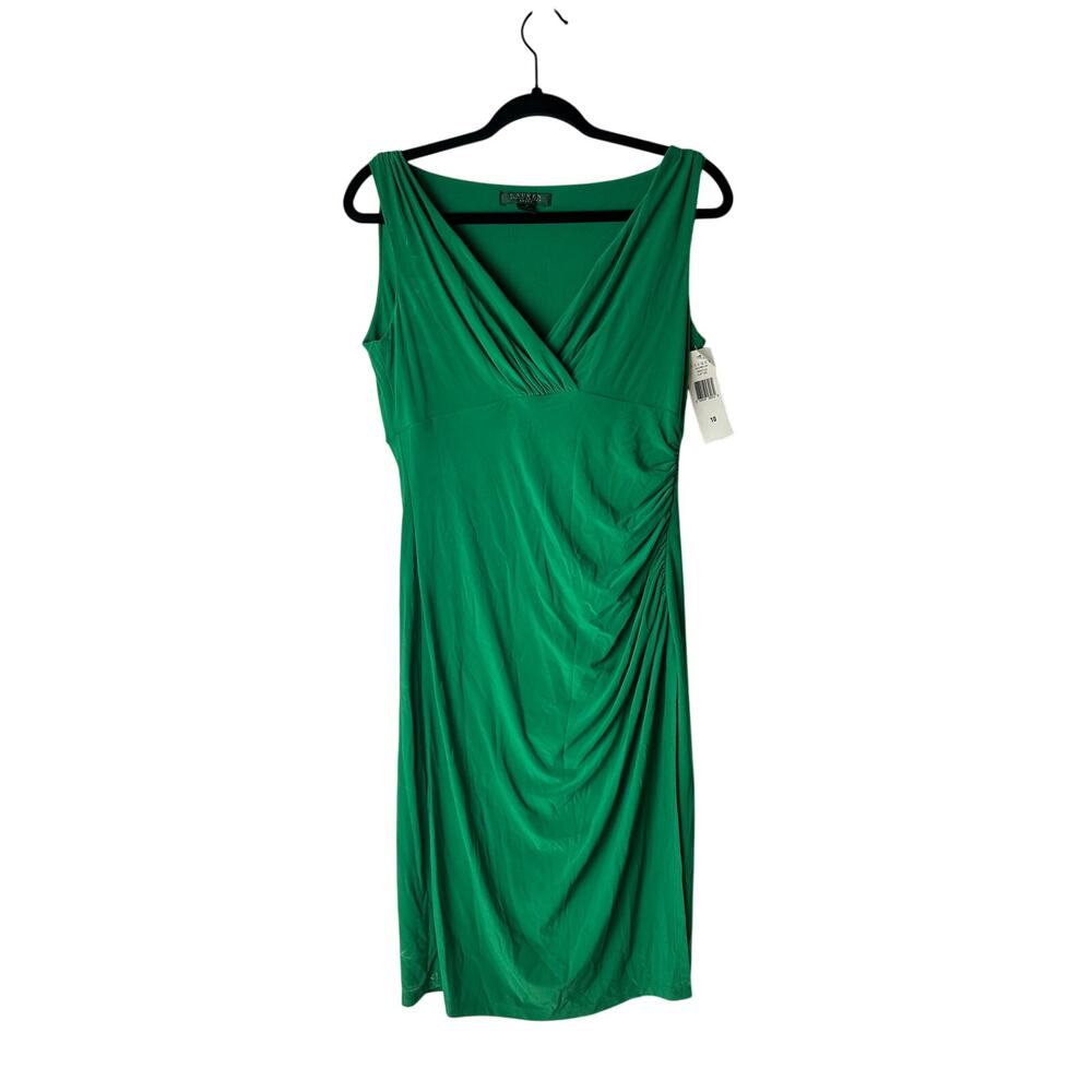 NWT! Lauren Ralph Lauren sleeveless dress  green V-neck, ruched sides size 10